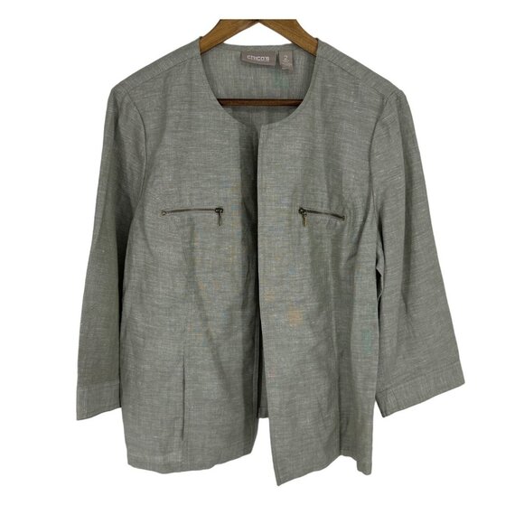 Chico's 3/4 Sleeve Open Front Foiled Linen Jacket Size 2 US L - Picture 1 of 7
